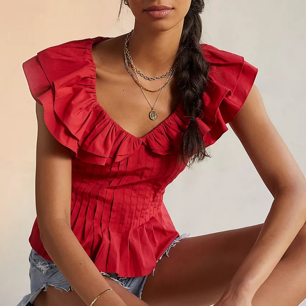 Anthropologie  | Forever Your Girl Pintucked Ruffle Blouse in Red